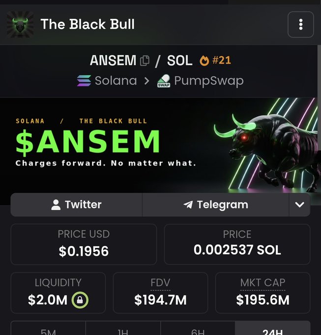 Screenshot of a cryptocurrency token page for The Black Bull (ANSEM) on Solana via PumpSwap, displaying a price of $0.1956 USD and a market cap of $195.6M.