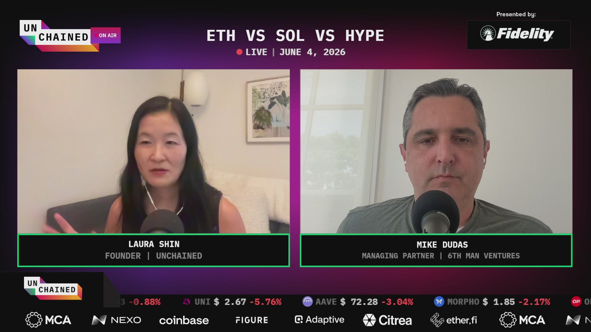 The image shows two people sitting behind microphones, likely participating in an interview or discussion. The background of the image features a purple screen with white text that reads "Unchatted" and "Eth vs. Sol vs. Hype". There is also a small amount of text on the right side of the image, which seems to be related to Bitcoin.
