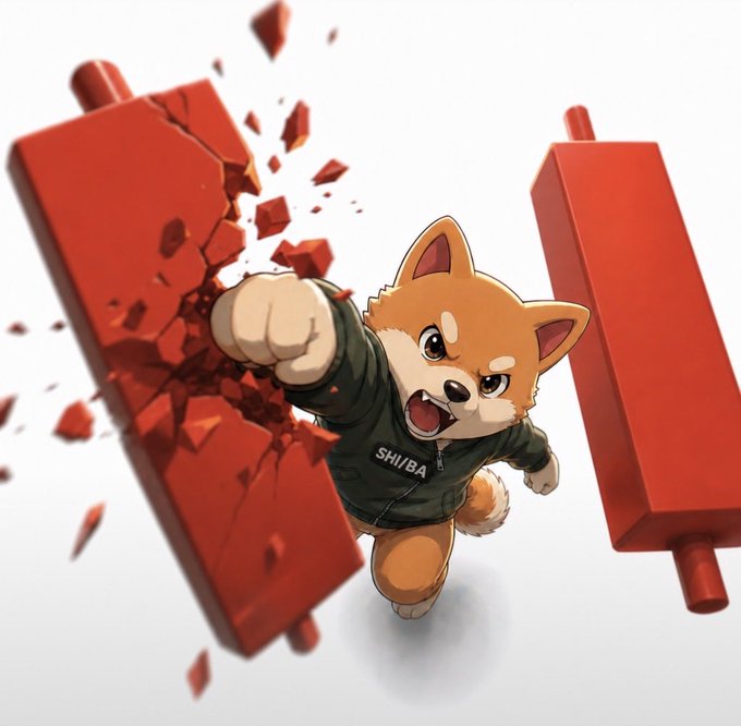 An animated Shiba Inu character wearing a green jacket with 'SHIBA' written on it punches through a red brick-like object, with debris flying outward.