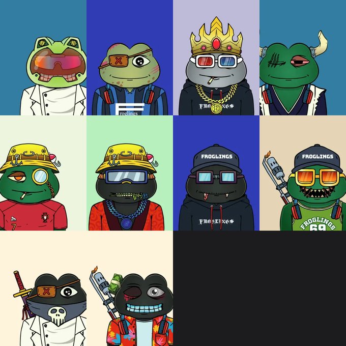 A 3x4 grid (with two empty bottom-right cells) displaying cartoon frog NFT characters, including several labeled "FROGLINGS" wearing hoodies, sunglasses, gold chains, and crowns, alongside other frog variants with hats, masks, and weapons like katanas and syringes. The image visually represents the collection of 10 Frogling NFTs that were swept by the ApeChurch Deployer, showing the variety of frog-themed digital collectibles purchased.