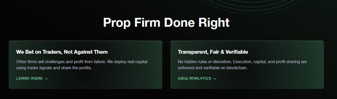 The image displays a dark-themed promotional banner titled **"Prop Firm Done Right"** featuring two sections: "We Bet on Traders, Not Against Them" and "Transparent, Fair & Verifiable," highlighting Carrot Funding's onchain prop trading model that aligns with the post's emphasis on transparency and trader-friendly capital sharing via Hyperliquid.