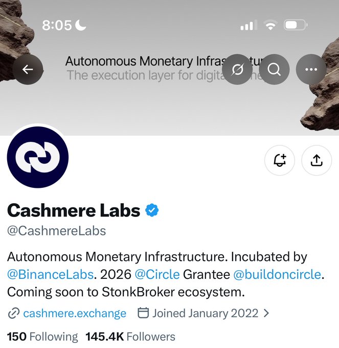 The image shows the Twitter/X profile page of Cashmere Labs (@CashmereLabs), a verified account with 145.4K followers, described as "Autonomous Monetary Infrastructure" incubated by BinanceLabs, with 6666 Supply, Free Mint on Robinhood Chain, and coming to the StonkBroker Ecosystem—matching the collaboration announcement details.