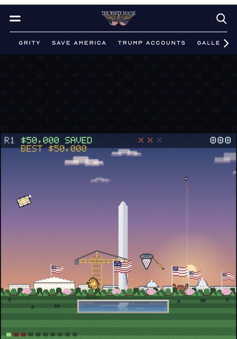 A mobile web screenshot from The White House site featuring a pixel art game scene with the Washington Monument, construction cranes, and American flags, showing "R1 $50,000 SAVED, BEST $50,000".