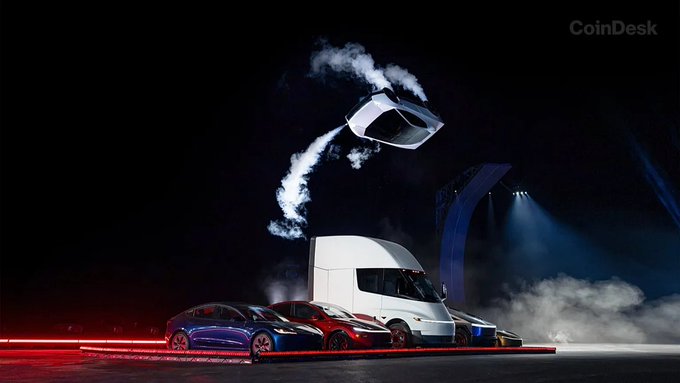 A dramatic unveiling scene shows a Tesla Roadster appearing to levitate above a lineup of Tesla vehicles (Model 3, Model S, and a Semi truck) on a stage with theatrical lighting and smoke effects, with the "CoinDesk" watermark visible in the upper right. The spectacle visually reinforces the post's claim about Elon Musk's flying Roadster reveal, which reportedly drove Hyperliquid's Tesla perpetual contract to surge 4.9% with a 1,580% spike in hourly trading volume.