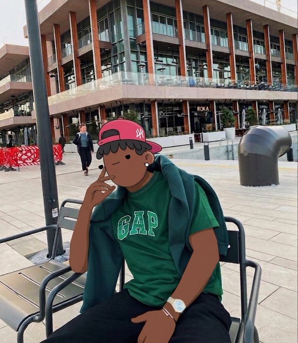 An anime-style cartoon character sticker depicting a young man wearing a pink NY Yankees cap and a green GAP t-shirt, overlaid on a real photo of a person sitting on a bench in an urban plaza.