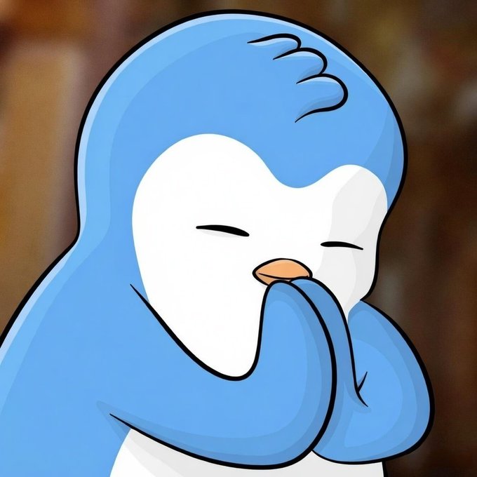 An illustration of a cute blue and white penguin character with its eyes closed, blushing, and covering its beak with its flipper.