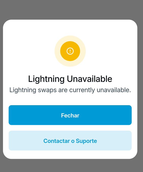 A mobile app error screen displays a warning icon with the text 'Lightning Unavailable / Lightning swaps are currently unavailable.' and buttons in Portuguese.