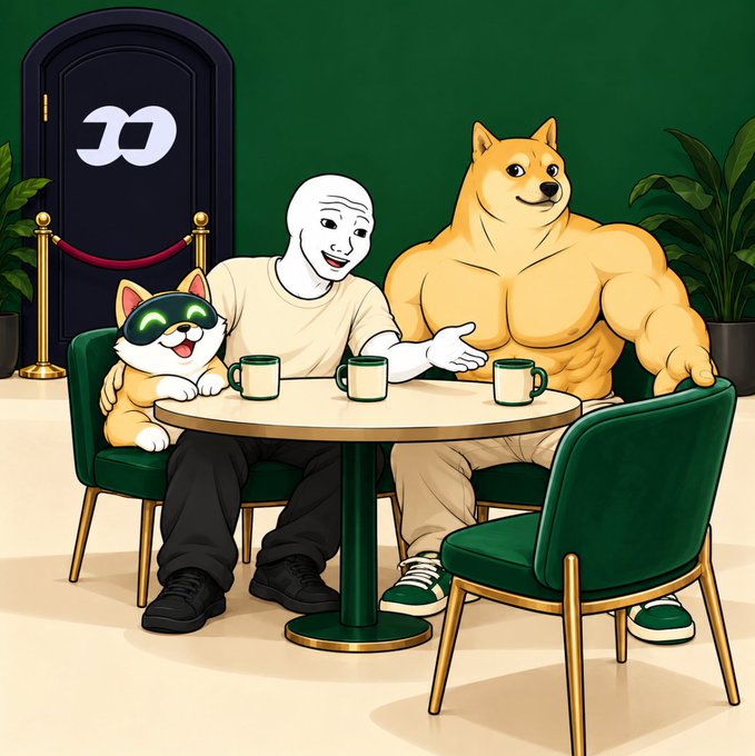 A stylized illustration depicts a white humanoid figure, a muscular yellow dog-like character, and a small cat wearing goggles seated around a café table with mugs.