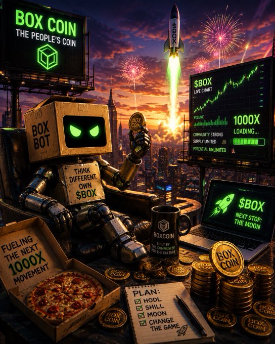 A vibrant 'Box Coin - The People's Coin' meme-style image featuring a cardboard robot labeled 'BOX BOT,' $BOX tokens, a rocket launch, a '1000X Loading' live chart, and text including 'Think Different Own $BOX,' 'Next Stop: The Moon,' and a checklist with 'HODL, SHILL, MOON, CHANGE THE GAME.'