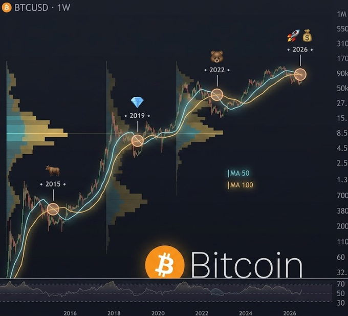 The image shows a weekly BTCUSD chart highlighting historical cycle bottoms marked at 2015 (bull icon), 2018 (diamond), 2022 (bear), and projected 2026 (rocket/money bag), with MA 50 and MA 100 moving averages crossing—illustrating how past "death crosses" preceded major Bitcoin bottoms before each subsequent bull run.