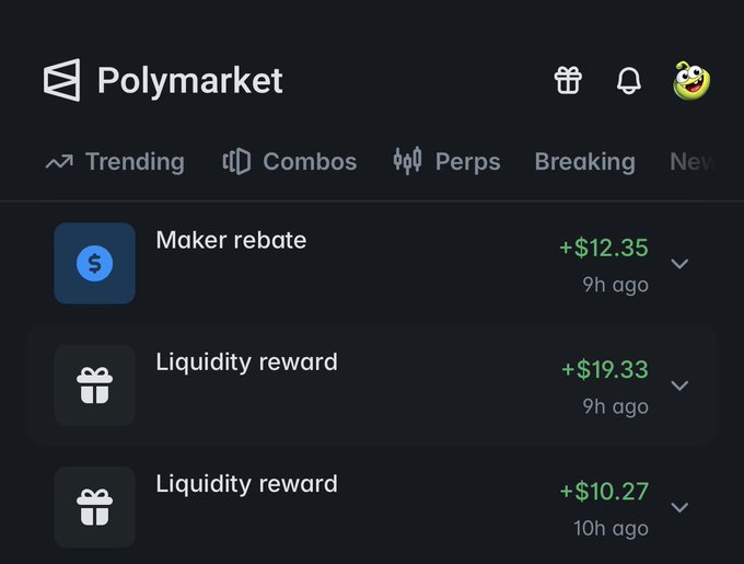 The image shows a Polymarket notification dashboard displaying rewards, including a "+$12.35" maker rebate and two liquidity rewards of "+$19.33" and "+$10.27," which total $42—the same amount mentioned in the post celebrating free earnings from liquidity providing on the platform.