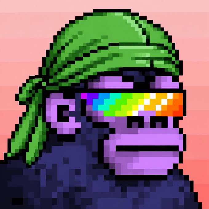 A pixel art image featuring a purple gorilla wearing a green durag and rainbow-colored sunglasses, set against a pink striped background. The colorful, stylized character visually represents the "durag pfp" requirement mentioned in the giveaway post for secured whitelist spots.