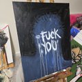 A canvas painting featuring a blue-toned face with the bold text "FUCK YOU" displayed on it, listed for sale at 5 ETH with a 24-hour purchasing window before it's painted over.