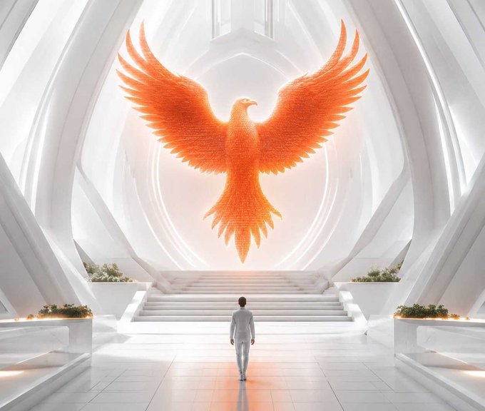 A 3D-rendered scene showing a person in white standing at the bottom of a grand staircase, looking up at a massive, glowing orange phoenix sculpture with outspread wings.