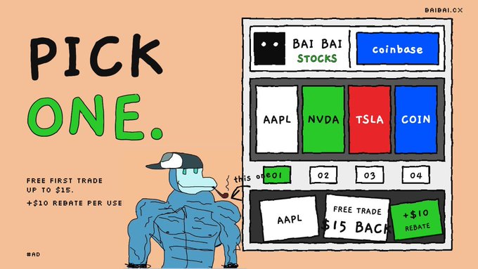 The image is a promotional advertisement for Baibai.CX's stock trading platform, featuring a muscular cartoon character and a stylized interface displaying stock ticker options like AAPL, NVDA, TSLA, and COIN, along with offers for a "FREE FIRST TRADE UP TO $15" and "+$10 REBATE PER USE." It visually reinforces the post's message about the platform offering rebates, rewards, and easy access to stock trading without waiting for market hours.