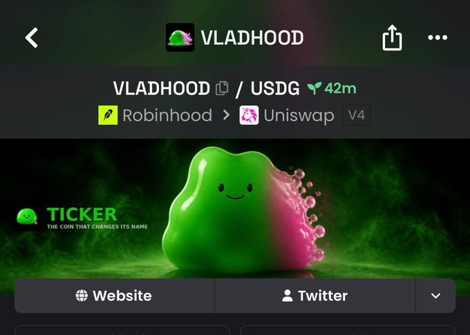A screenshot of a cryptocurrency trading page for 'VLADHOOD / USDG' showing a 42m age, with Robinhood and Uniswap V4 logos and a green mascot character labeled 'TICKER - THE COIN THAT CHANGES ITS NAME.'
