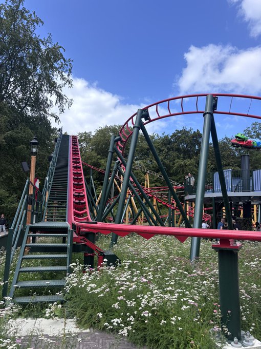 A red roller coaster track curves through an amusement park with green support beams, stairs, and wildflowers in the foreground.