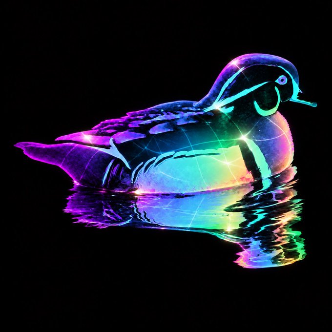 A vibrant, iridescent holographic duck floats on dark water, its feathers glowing with neon rainbow colors against an inky black background.