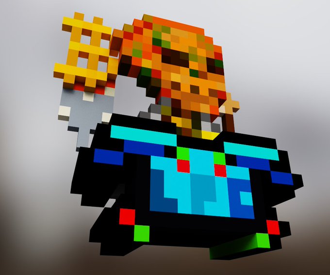 A 3D voxel-style render of a Minecraft character with colorful orange, yellow, and red hair holding a bright cyan and blue diamond-like block against a soft gradient background.