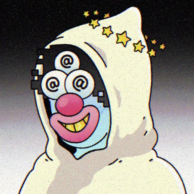 A variation of the green-hooded character, now cream-colored with three hypnotic spiral eyes, a gold toothy smile, and yellow stars circling above its head.