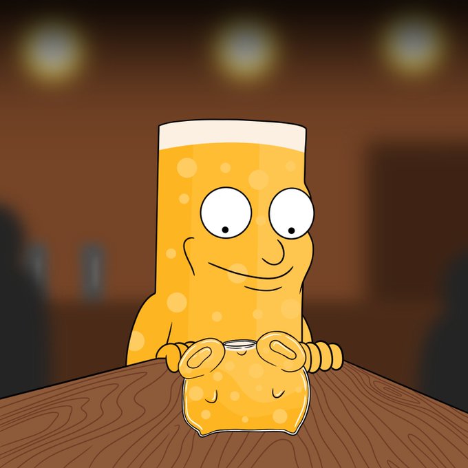 A cartoon beer glass character with a smiling face sits at a wooden bar table, holding a mug of beer, fitting the post's celebratory "CHEERZ" theme thanking @frigglesxyz for bringing beer to the PUB.