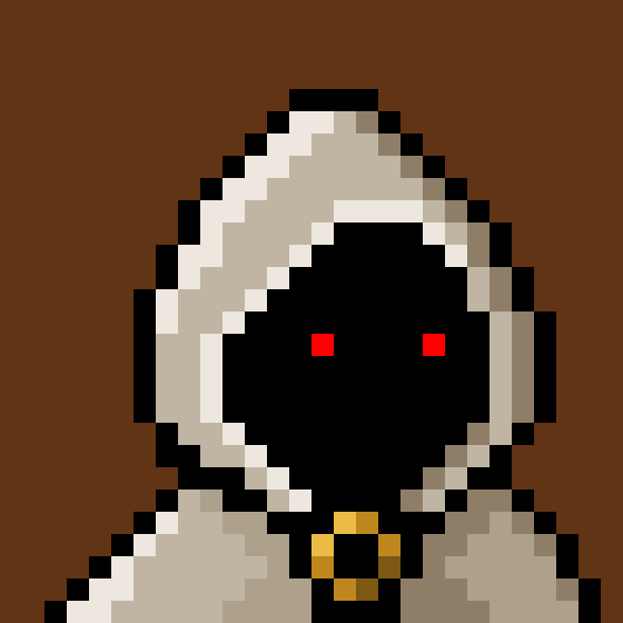 A pixel art NFT depicting a hooded figure with glowing red eyes and a gold chain on a brown background.