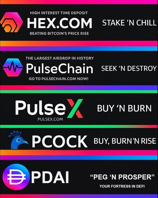 The image displays promotional banners for Richard Heart's crypto ecosystem, featuring HEX.com ("High Interest Time Deposit - Stake 'N Chill"), PulseChain ("The Largest Airdrop in History"), PulseX ("Buy 'N Burn"), PCOCK ("Buy, Burn 'N Rise"), and PDAI ("Peg 'N Prosper"). The colorful, branded banner aligns with the post's message of optimism about crypto's future and reinforces support for Richard Heart's vision and PulseChain's anticipated August developments.