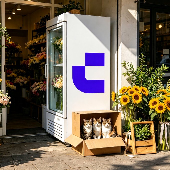 An AI-generated scene shows three kittens sitting in a cardboard box outside a flower shop, next to a refrigerator with a blue logo and bouquets of sunflowers.