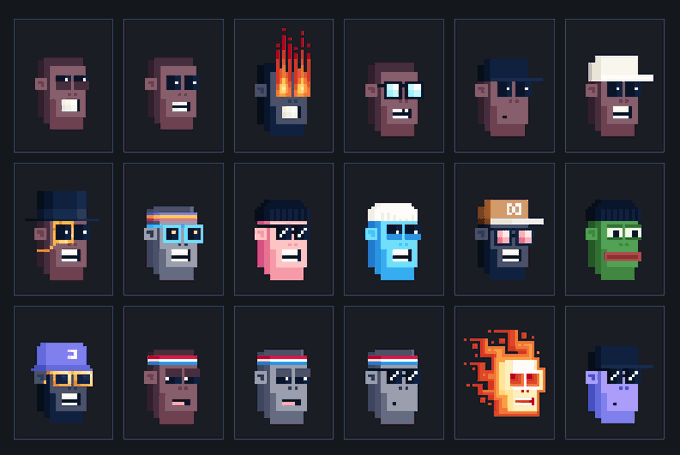 Grid of 18 pixel-art character portraits featuring various styles, colors, and accessories like hats, glasses, and bandanas.