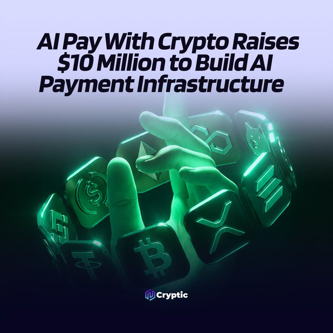 The image features a vibrant illustration of someone holding a key and pressing one against an array of hexagons, which are labeled with different cryptocurrency symbols such as bitcoin, xrp, etc. This unique representation is accompanied by the text "AI Pay With Crypto Raises $10 Million to Build AI Payment Infrastructure" written in black, positioned towards the center of the image.