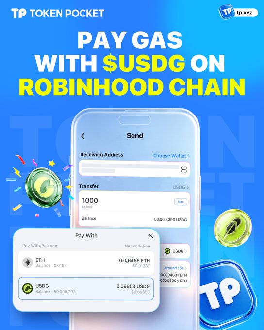 A promotional graphic for 'TOKEN POCKET' wallet advertising 'PAY GAS WITH $USDG ON ROBINHOOD CHAIN', showing a phone interface with ETH and USDG payment options.
