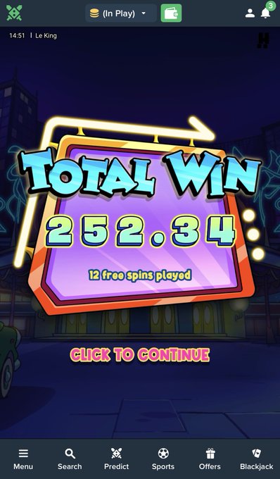 The image displays a mobile gambling app result screen showing a "TOTAL WIN" of 252.34 from "12 free spins played" with a "CLICK TO CONTINUE" prompt below. This celebrates a successful gambling outcome on the Duelbits platform, directly supporting the accompanying post's boast about a big win and call for followers to share their SOL crypto wallets for potential payouts.