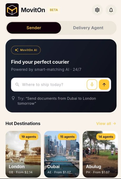 A mobile app interface for 'MovitOn' (BETA) acting as a courier finding service powered by 'MovitOn AI', featuring search options for 'Sender' and 'Delivery Agent' and 'Hot Destinations' including London (GB, from $2.14, 19 agents), Dubai (AE, from $1.07, 15 agents), and Abulug (PH, from $1.07, 14 agents).