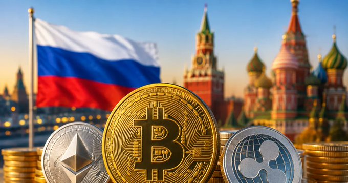 A Bitcoin coin in the foreground with the Russian flag and St. Basil's Cathedral in Moscow visible in the background.
