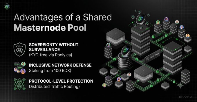 Infographic titled 'Advantages of a Shared Masternode Pool' listing three benefits: Sovereignty Without Surveillance (KYC-free via Pooly.ca), Inclusive Network Defense (Staking from 100 BDX), and Protocol-Level Protection (Distributed Traffic Routing), with beldex.io branding.