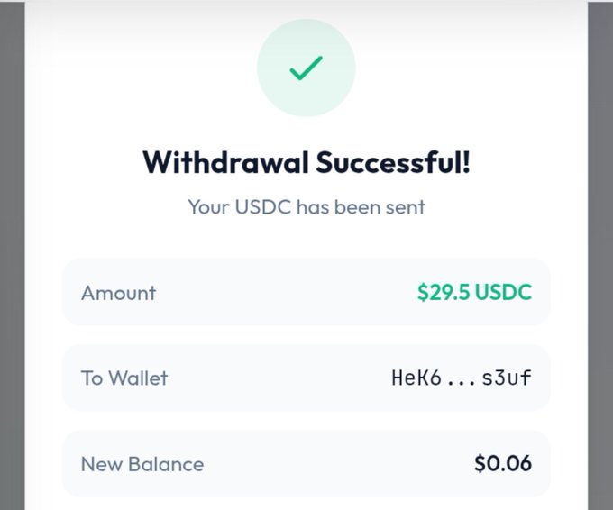 A digital interface showing a 'Withdrawal Successful!' confirmation for an amount of '$29.5 USDC' sent to wallet 'HeK6...s3Uf', leaving a 'New Balance' of '$0.06'.
