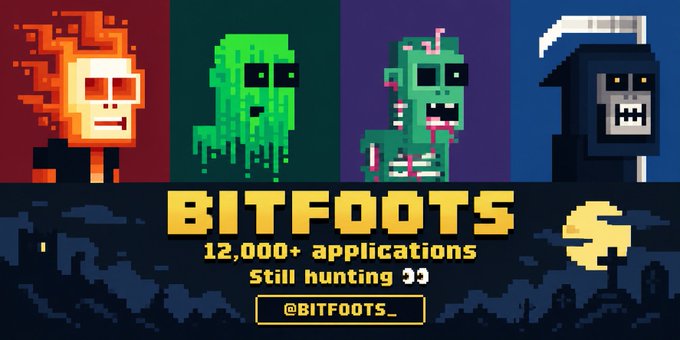 A promotional banner for 'BITFOOTS' featuring four pixel-art style monster characters in different colors (orange, green, zombie-like, and grim reaper), with text reading '12,000+ applications, Still hunting :)' and the handle '@BITFOOTS_' on a dark city skyline background.