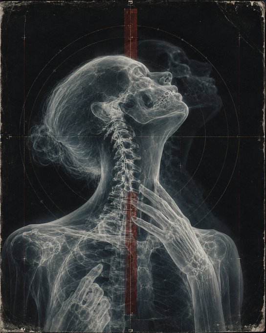 A haunting X-ray-style illustration reveals a skeletal figure tilting its head back with hand raised to the throat, while smoke billows from its mouth, conveying a silent cry or scream. The artwork, credited to @maxpretends as "Vertical Echo," is dramatically bisected by a stark red vertical line against a dark background, echoing the "GN" (goodnight) sentiment as a final, ghostly farewell.