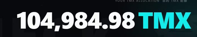 The image displays a TMX token allocation of **104,984.98 TMX** in large white and teal text on a dark background. This substantial balance humorously contrasts with the post's modesty, where the author jokes that despite their "large" holdings, they still pale in comparison to a friend's collection of small accounts totaling around 300,000+—implying they need to "try harder" to keep up.