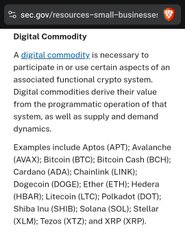 The image shows a sec.gov page defining "Digital Commodity" with examples including Aptos (APT), Avalanche (AVAX), Bitcoin (BTC), BitTorrent (BCH), Cardano (ADA), Chainlink (LINK), Dogecoin (DOGE), Ether (ETH), Hedera (HBAR), Litecoin (LTC), Polkadot (DOT), Shiba Inu (SHIB), Solana (SOL), Stellar (XLM), Tezos (XTZ), and XRP (XRP).

The post highlights Chainlink ($LINK), which appears as one of the listed digital examples in this regulatory definition, framing it as a key asset within this category of programmable functional crypto systems.