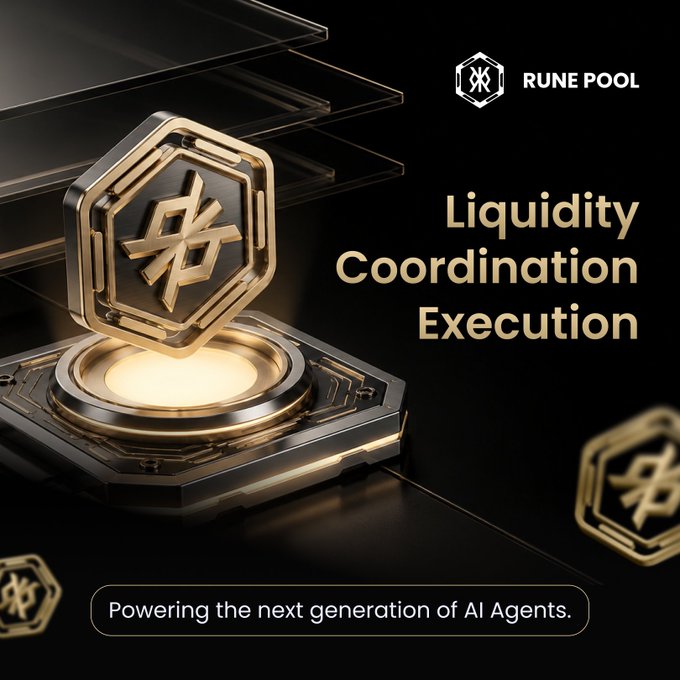 A sleek black and gold promotional graphic featuring a hexagonal "RunePool" emblem on a pedestal, with the tagline "Liquidity Coordination Execution" and the caption "Powering the next generation of AI Agents." The image visually reinforces RunePool's role as the foundational infrastructure—symbolized by the glowing emblem—through which AI agents access capital, coordination, and execution on-chain.