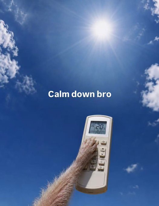 A meme showing a hairy arm holding an air conditioner remote pointed at the sun with the text 'Calm down bro' and the remote displaying 20°.