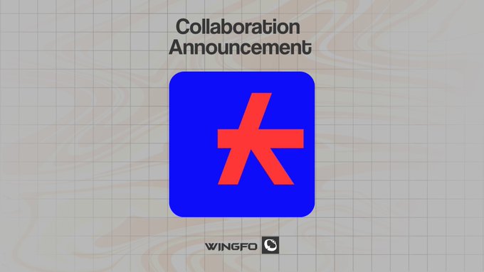 A graphic announcement reads 'Collaboration Announcement' above a blue app icon featuring a red asterisk-like logo, with 'WINGFO' and a camera icon at the bottom.