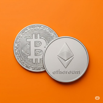 Two physical cryptocurrency coins representing Bitcoin (BTC) and Ethereum (ETH) rest on an orange background, symbolizing the institutional accumulation highlighted by BlackRock's $693.5M BTC and $203M ETH purchases this week.