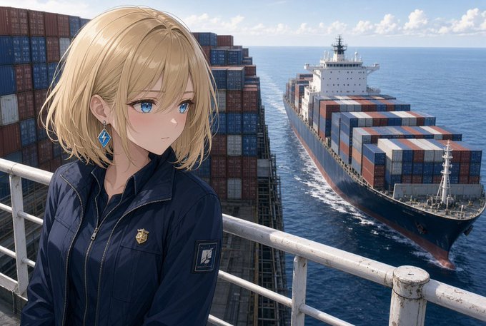 An anime-style blonde character with blue eyes wearing a dark blue jacket stands on a ship deck overlooking stacked shipping containers and a large cargo ship at sea.