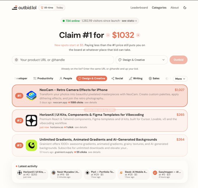 A screenshot of the website "outbid.lol" showing a leaderboard where the top spot "Claim #1" is priced at $1032 for the "Design & Creative" category.