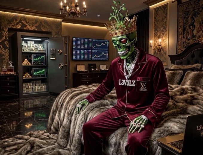 A digitally created image of a skeletal figure with a green crown and 'L3V3LZ DEGEN' embroidered on a burgundy pajama set, sitting on a fur-covered bed in a lavish room with a safe full of money and trading charts on the wall.