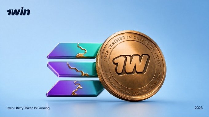 A promotional image for the '1win Utility Token' showing stacked metallic bars and a gold coin inscribed with '1WIN VERIFIED IN CRYPTO WITH TRUST' against a blue background.