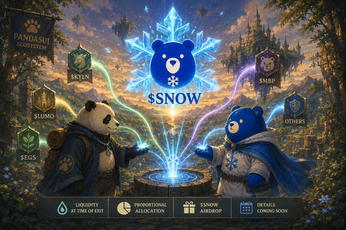 A fantasy-themed promotional graphic for '$SNOW' token within the 'PANDASUI ECOSYSTEM,' featuring two panda characters, an icy logo, and surrounding ecosystem tokens (SKYLN, SMBP, $LUMO, $EGS, OTHERS).