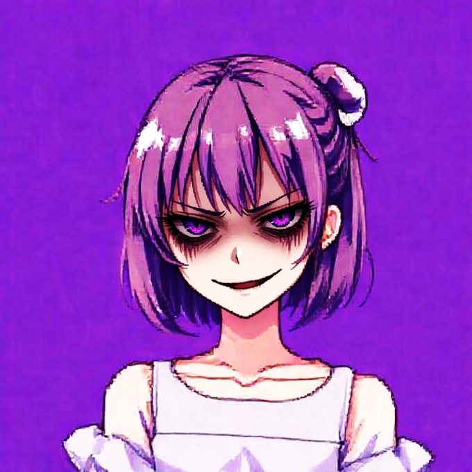 An anime-style illustration depicts a girl with purple hair, a creepy smile, and dark, shadowy eyes against a solid purple background.